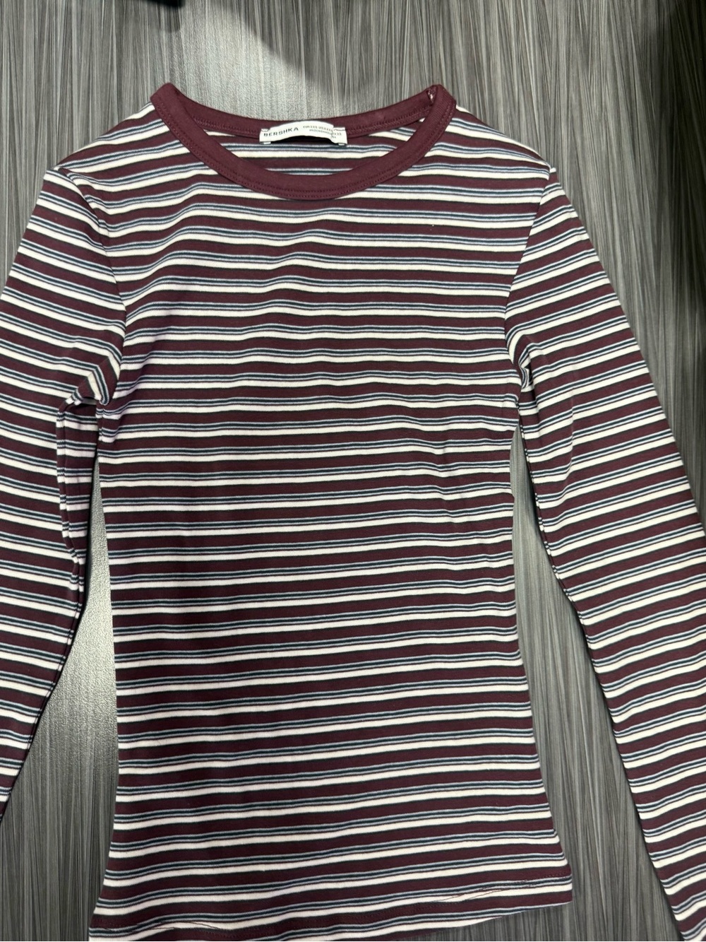 Bershka Burgundy, White & Navy Striped Long Sleeve Tee